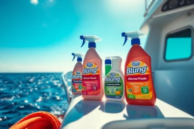 Blung boat cleaning products used for marine care with sparkling water and sunlight